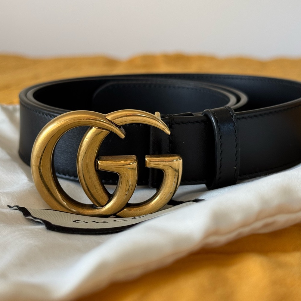 SOLD ** Gucci Black Leather Belt with Gold Buckle